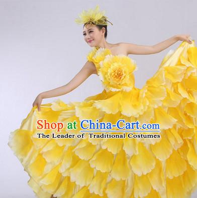 Yellow Chinese Flower Petal Dance Costumes and Headdress Complete Set for Women