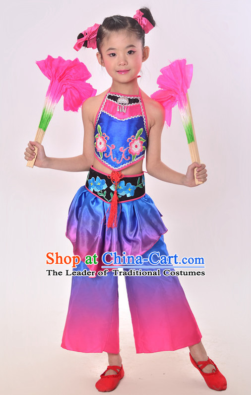 Chinese Folk Fan Dance Costumes and Headdress Complete Set for Children Girls
