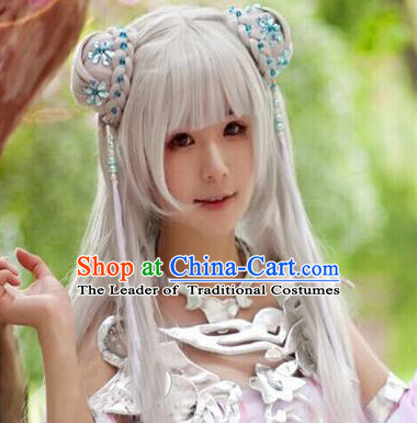 Chinese Ancient Female Style White Long Wigs