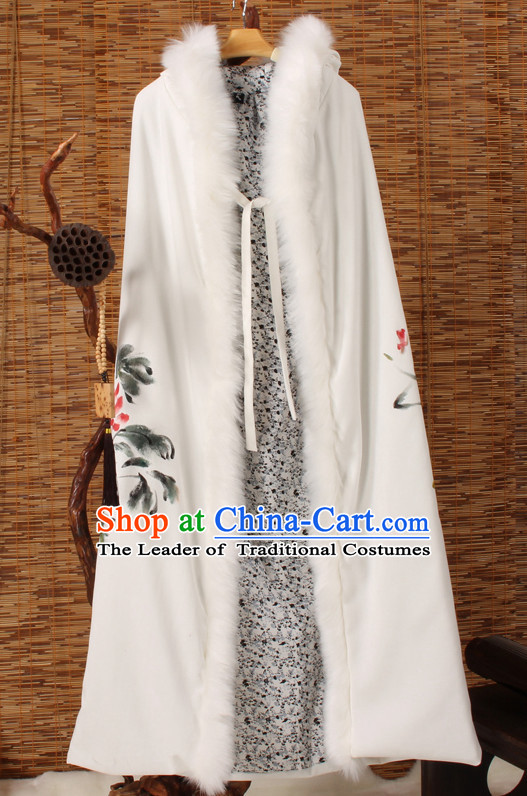 Traditional Chinese Style Long Mantle Cape with Hands Painted Peony