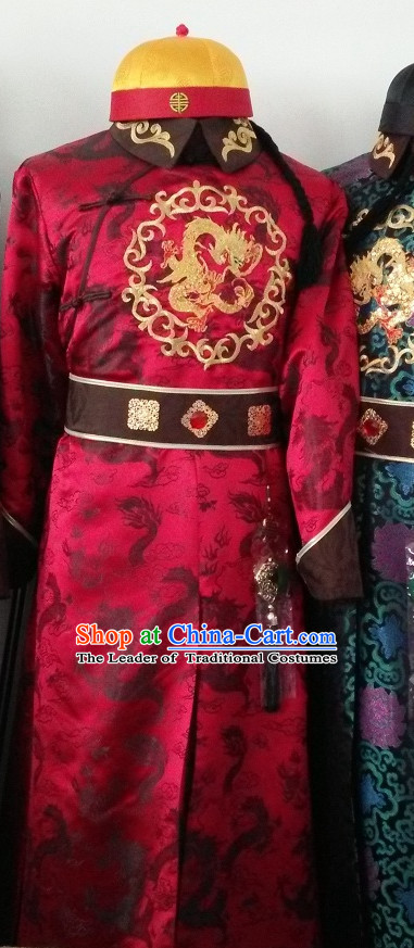 Traditional Chinese Qing Dynasty Prince Emperor Robe Gown Clothing and Hat Complete Set for Men