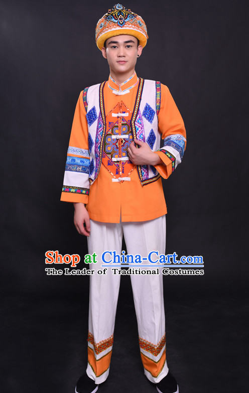 Chinese Mulao Nationality Folk Dance Ethnic Wear China Clothing Costume Ethnic Dresses Cultural Dances Costumes Complete Set for Men Boys