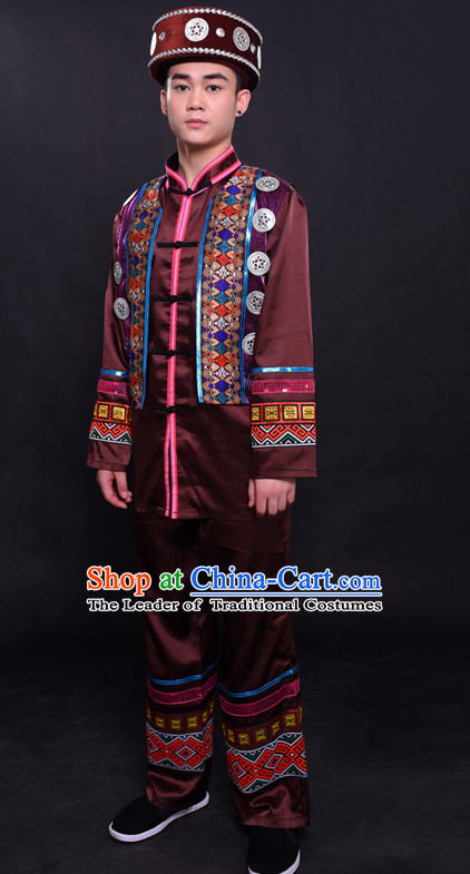 Chinese Dong Nationality Folk Dance Ethnic Wear China Clothing Costume Ethnic Dresses Cultural Dances Costumes Complete Set for Men Boys