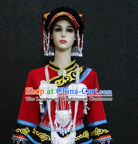 Chinese Zhuang Nationality Folk Dance Ethnic Wear China Clothing Costume Ethnic Dresses Cultural Dances Costumes Complete Set for Women Girls