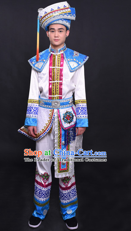 Chinese Chuang Group the Zhuang Nationality Folk Dance Ethnic Wear China Clothing Costume Ethnic Dresses Cultural Dances Costumes Complete Set for Men Boys