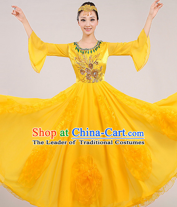 Yellow Chinese Dance costume Dance Classes Uniforms Folk Dance Traditional Cultural Dance Costumes Complete Set