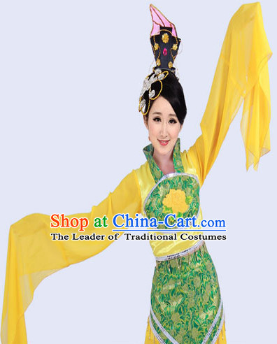 Ancient Yellow Long Sleeve Beauty Dance Costume and Hair Accessories Complete Set