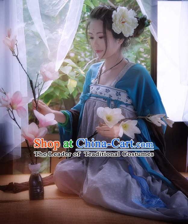 Chinese Traditional Dress Hanfu Costume China Kimono Robe Ancient Chinese Clothing National Costumes Gown Wear and Head Jewelry for Women Girls