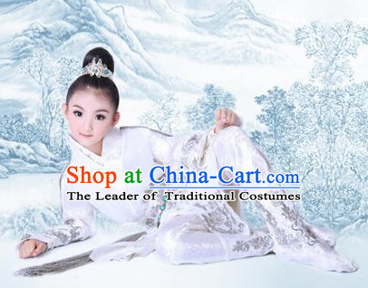 Chinese Traditional Dress Hanfu Costume China Kimono Robe Ancient Chinese Clothing National Costumes Gown Wear and Head Jewelry for Kids Children Boys