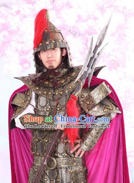 Chinese Traditional Body Armor Dress Hanfu Costume China Kimono Robe Ancient Chinese Clothing National Costumes Gown Wear and Head Jewelry for Men