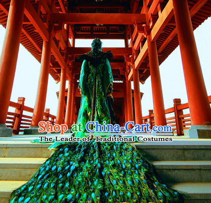 Chinese Traditional Empress Emperor Peacock Dress Hanfu Costume China Kimono Robe Ancient Chinese Clothing National Costumes Gown Wear and Headwear Complete Set for Women
