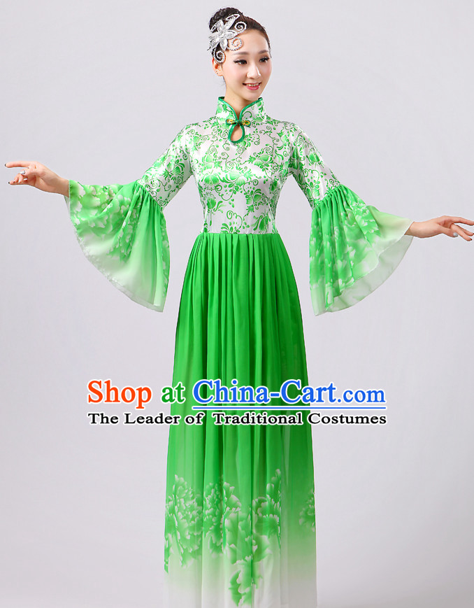 Green Chinese Theater Traditional Dance Ribbon Dancing Long Sleeve Leotard China Fan Dance Costume Complete Set
