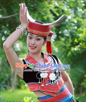 Chinese Zhuang People Folk Dance Ethnic Dresses Traditional Wear Clothing Cultural Dancing Costume Complete Sets for Women