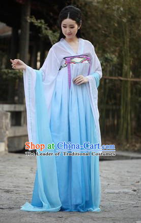 Ancient Chinese Tang Dynasty Style White Blue Gradient Skirt Clothing Complete Set for Women