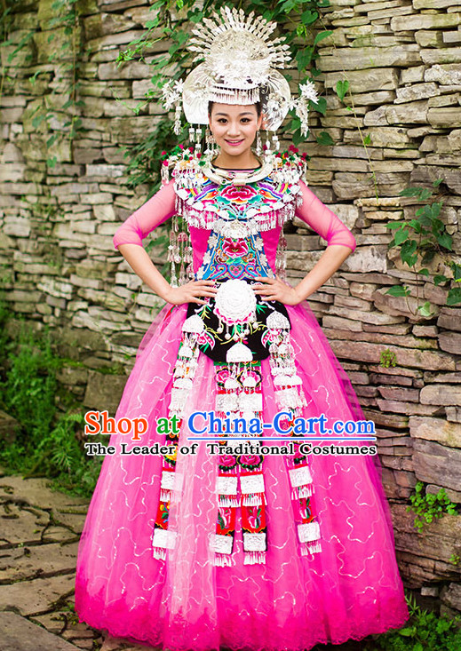 Chinese Hmong Girls Miao Nationality Ethnic Groups Wear Dresses Traditional Clothing for Women