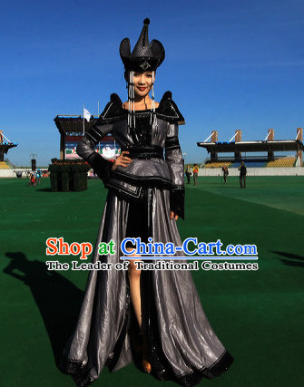 Traditional Mongolian Clothing Ancient Ethnic Clothes and Hat Complete Set for Women
