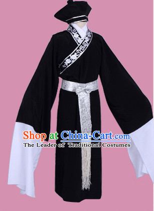 Black Chinese Opera Costumes Huangmei Opera Stage Performance Costume Chinese Traditional Costume Drama Costumes and Hat Complete Set for Men