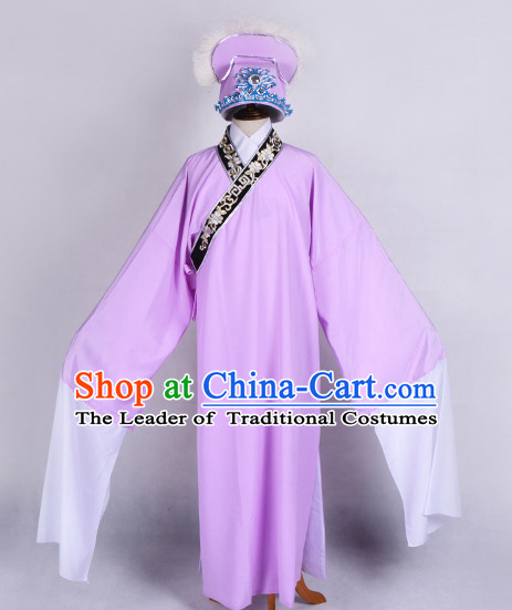 Light Purple Chinese Opera Costumes Huangmei Opera Stage Performance Costume Chinese Traditional Costume Drama Costumes and Hat Complete Set for Men