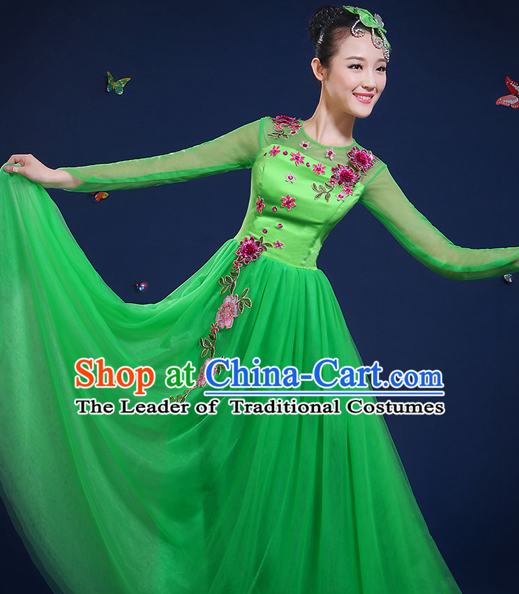 Chinese Fan Dance Costumes and Headpieces Complete Set for Women