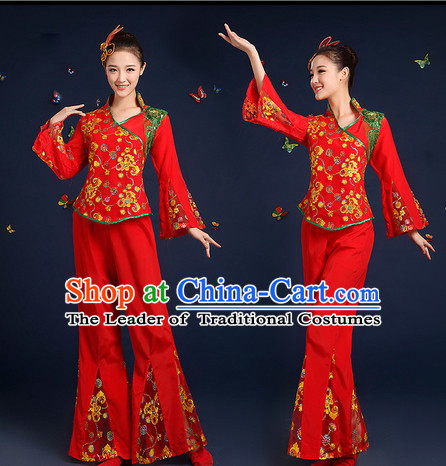 Chinese Folk Fan Dance Costumes and Headpieces Complete Set for Women