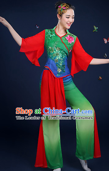 Chinese Folk Fan Dance Costumes and Headpieces Complete Set for Women
