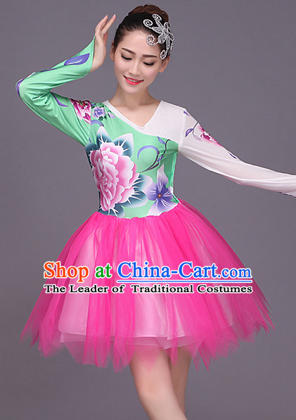 Chinese Ballet Style Flower Dance Costume Dance Costumes Fan dance Umbrella Ribbon Fans Water Sleeve Dancer Dancing Costumes Complete Set