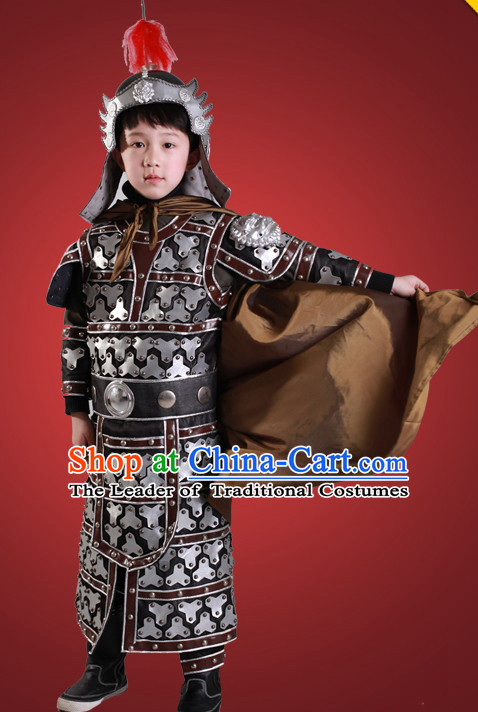 Ancient Chinese Children General Costume Armor Costumes and Hat Complete Set