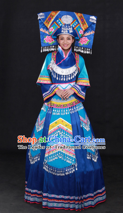 Happy Festival Chinese Minority Dress Miao Uniform Traditional Stage Ethnic National Costume Sale and Hat Complete Set