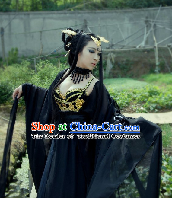 Top Black Chinese Imperial Royal Princess Traditional Wear Queen Dresses Fairy Cosplay Costumes Ideas Asian Cosplay Supplies and Hair Accessories Complete Set