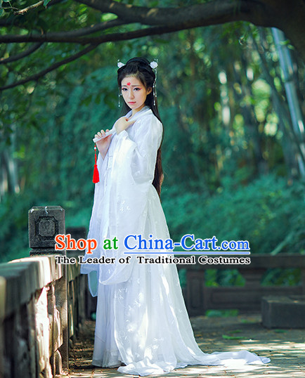 Ancient Chinese Pure White Hanfu National Costumes and Headpieces Complete Set for Women