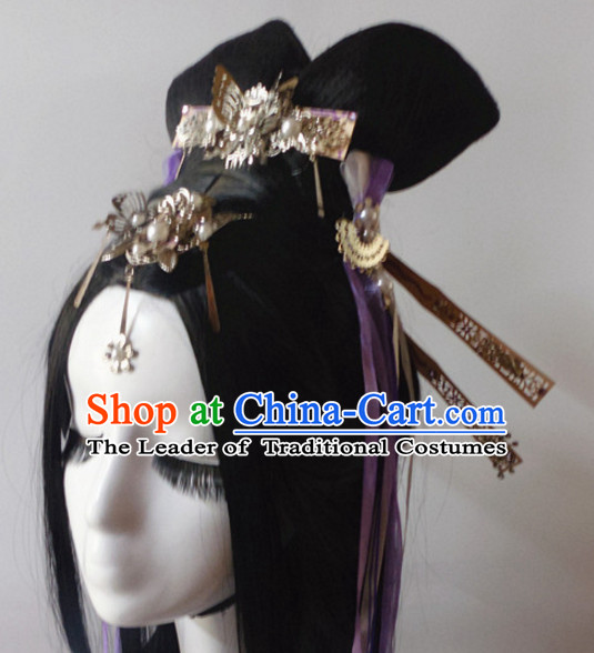 Chinese Classic Lady Black Long Wigs Headwear Crowns Hats Headpiece Hair Accessories Jewelry Set
