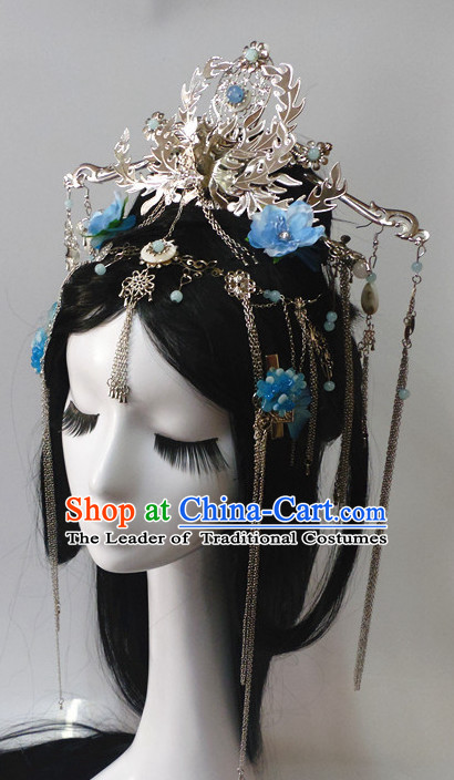 Chinese Classic Princess Fairy Long Black Wigs and Headwear Crowns Hats Headpiece Hair Accessories Jewelry Set