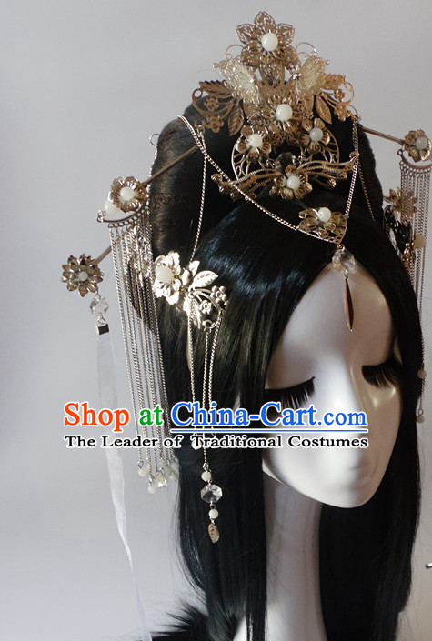 Chinese Classic Black Long Wigs and Headwear Crowns Hats Headpiece Hair Accessories Jewelry Set