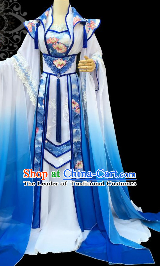 Blue Lotus Chinese Traditional High Collar Empress Clothing Complete Set
