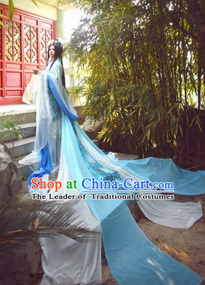 Top Blue Chinese Fairy Princess Hanfu Costumes Theater and Reenactment Costumes and Headgear Complete Set for Women