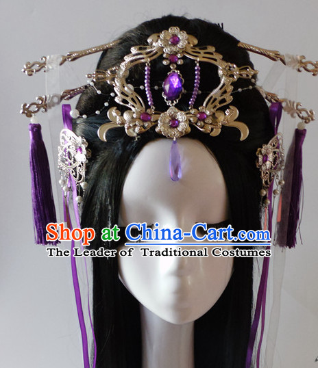 Purple Chinese Classical Fairy Headwear Crowns Hats Headpiece Hair Accessories Jewelry Set