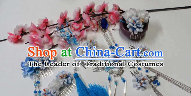 Blue Chinese Classical Fairy Headwear Crowns Hats Headpiece Hair Accessories Jewelry Set