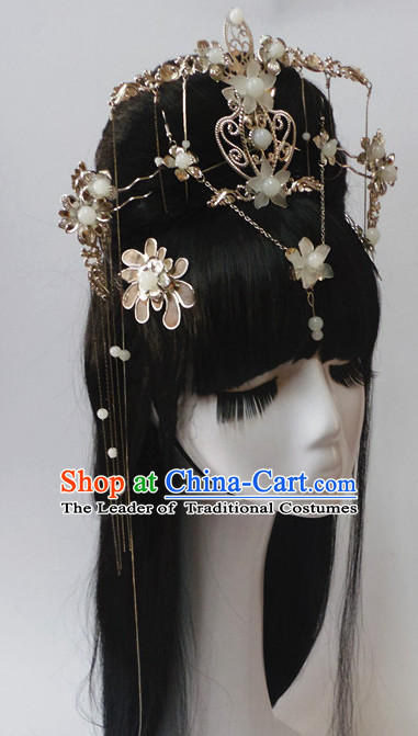 Silver Chinese Classical Fairy Long Wigs and Headwear Crowns Hats Headpiece Hair Accessories Jewelry Set