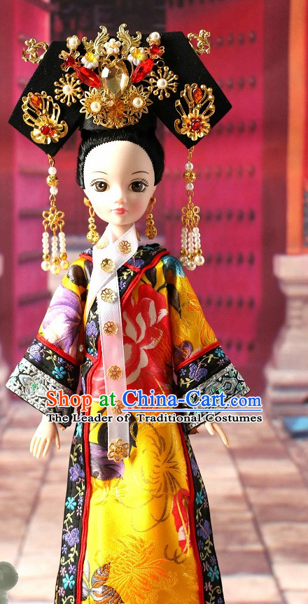 Traditional Qing Dynasty Chinese Women Clothing Imperial Dresses National Costume and Hair Ornaments Complete Set