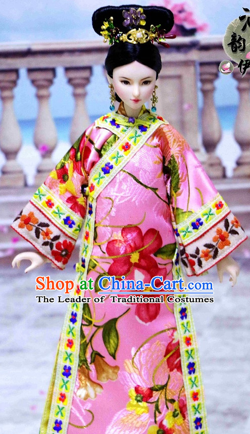 Traditional Qing Dynasty Chinese Women Clothing Imperial Dresses National Costume and Hair Ornaments Complete Set