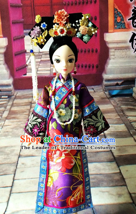 Traditional Qing Dynasty Chinese Women Clothing Imperial Dresses National Costume and Hair Ornaments Complete Set