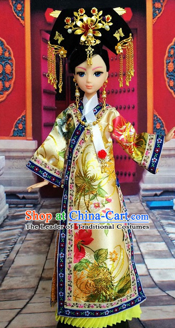 Traditional Qing Dynasty Chinese Women Clothing Imperial Princess Dresses National Costume and Hair Ornaments Complete Set