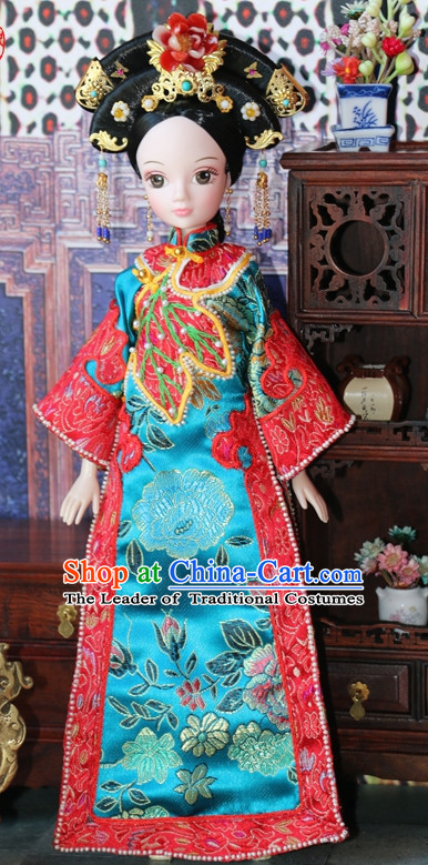 Traditional Qing Dynasty Chinese Women Empress Clothing Imperial Princess Dresses National Costume and Hair Ornaments Complete Set