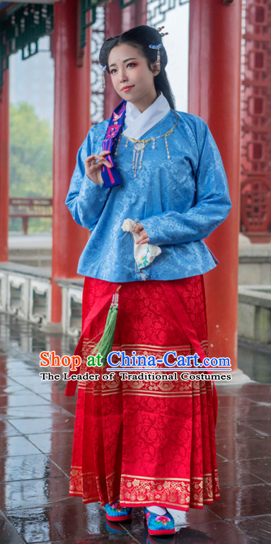 Chinese Ming Dynasty Female Han Fu Costumes and Hair Ornaments Complete Set