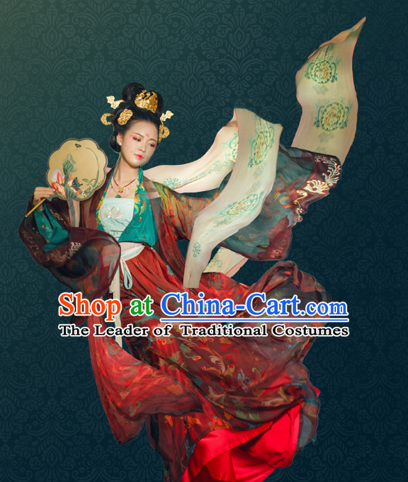 Chinese Traditional Tang Dynasty Royal Stage Hanfu Hanbok Kimono Feitian Costume Dresses Costume Ancient Fairy Garment and Headpieces Complete Set