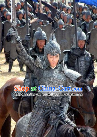 Chinese Traditional Men General Body Armor Stage Hanfu Costume Dresses Costume Ancient Garment and Headpieces Complete Set