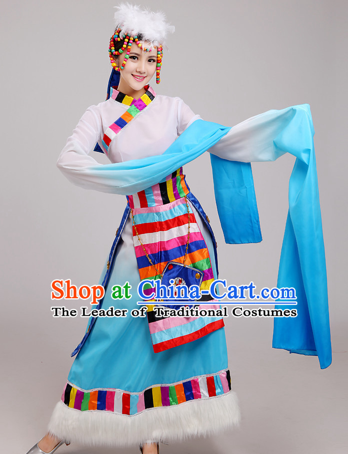 Chinese Folk Tibetan Dance Costume and Hat Complete Set for Women