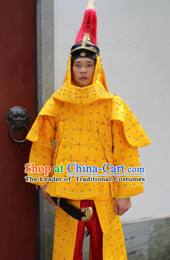 Yellow Chinese Qing Dynasty General White Armor Hanfu Dress Gown Costumes Ancient Costume Clothing Complete Set