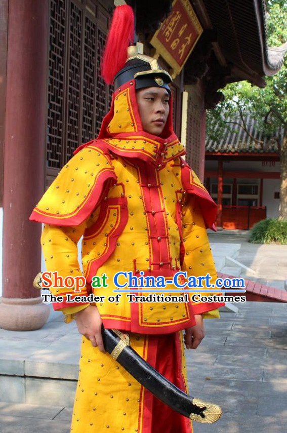 Red Yellow Chinese Qing Dynasty General White Armor Hanfu Dress Gown Costumes Ancient Costume Clothing Complete Set