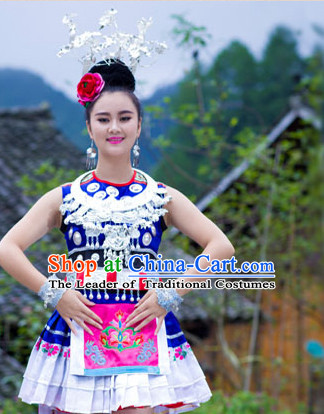 Chinese Classical Miao Silver Dance Costume and Headpieces Complete Set